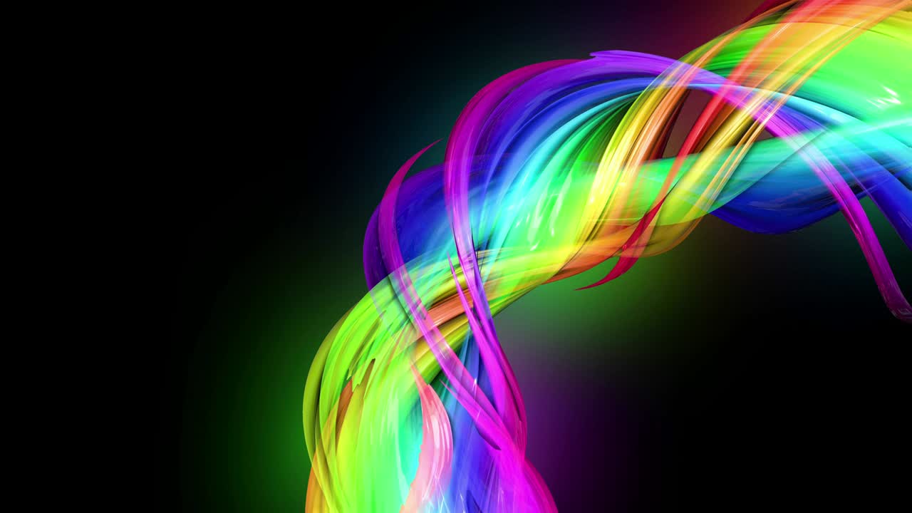 라인과 리본으로 추상적인 배경으로 원으로 움직이는 네온 빛을 가진 무지개 색의 테이프의 4k 다채로운 루프 애니메이션. 루마 매트는 컴포지팅을위한 알파 채널로 포함되어 있습니다.