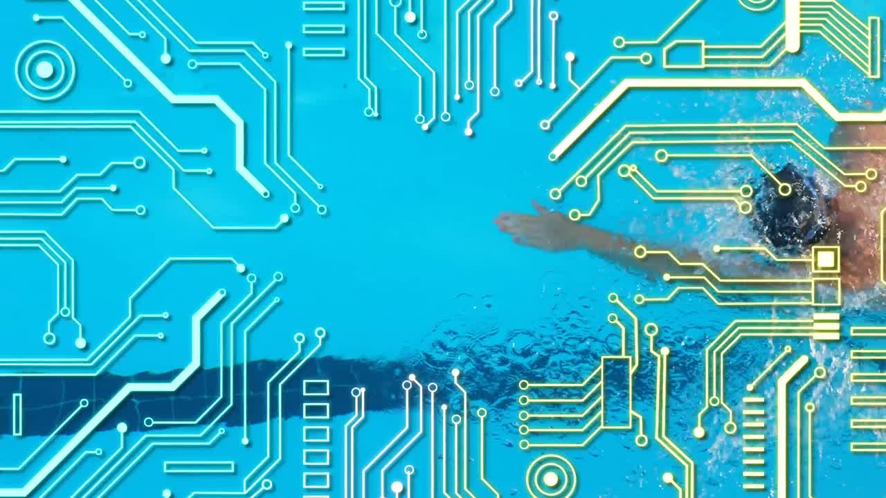 컴퓨터 회로판과 데이터 처리가 수영장에서 수영하는 사람 위에