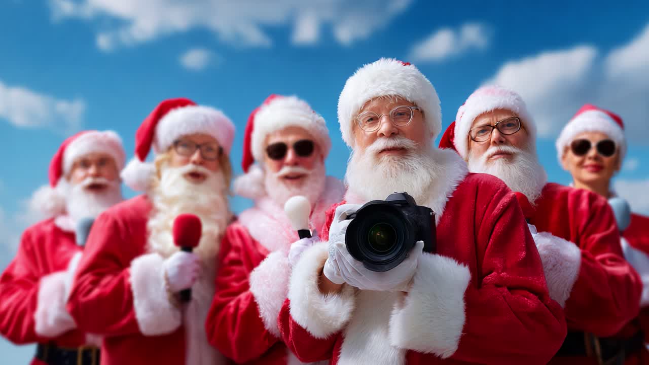 A festive gathering of cheerful Santa Clauses, each adorned in vibrant red suits and iconic hats. The jolly figures exude holiday spirit, showcasing camaraderie and joy in a picturesque winter setting