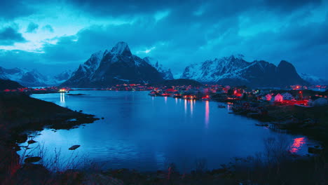 stunning cinematic static wide of reine, lofoten at dusk