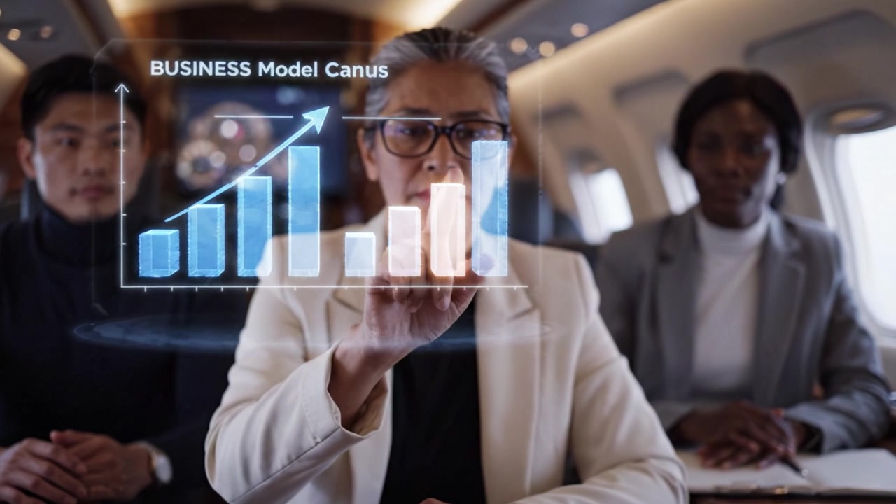 Business Meeting Discussion: An In-Depth Analysis of Growth Strategies and Model Canus Presentation in Luxury Private Jet Environment