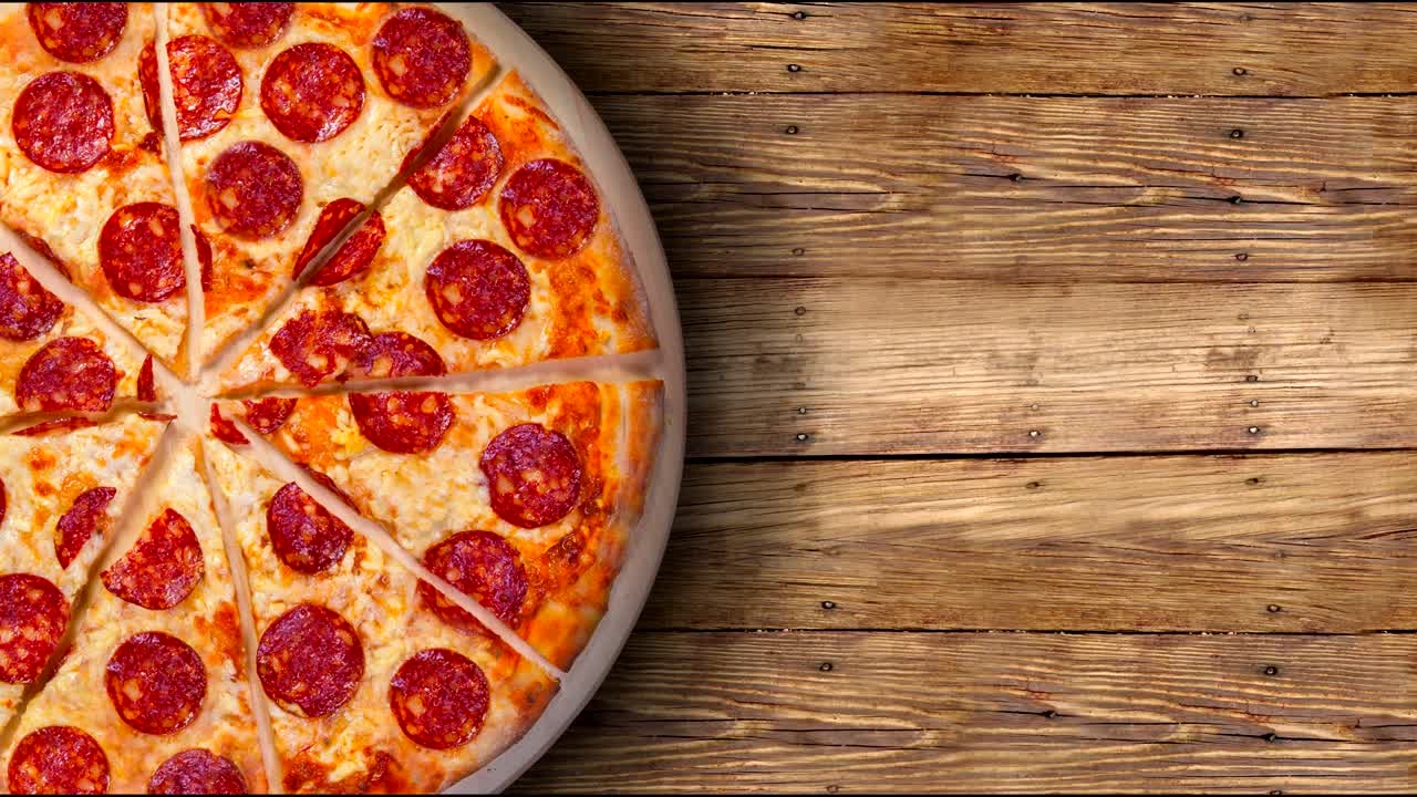 페페로니 피자 (pepperoni pizza) 의 배경 영상 - 이 사진은 레스토랑 메뉴를 디자인하는 데 완벽합니다. 내 페이지를 방문하십시오. 카페 또는 레스토랑에서 판매되는 모든 피자의 이미지를 찾을 수 있습니다.