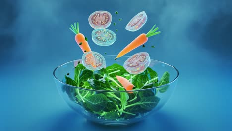 vibrant fresh ingredients dancing in a glass bowl: colorful carrots and sliced tomatoes interact with crisp spinach for a wholesome salad creation
