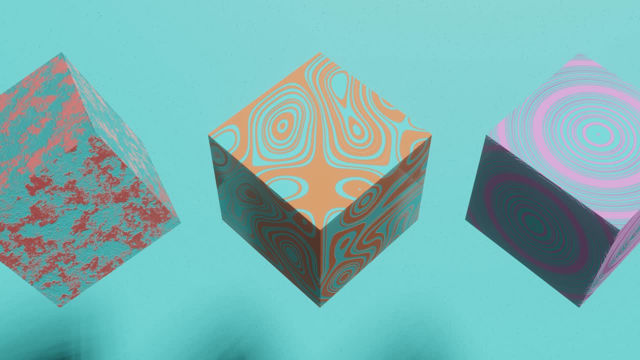 cajas multicolores con patrones abstractos en un fondo verde oscuro. bucle sin costuras animación abstracta en 3d