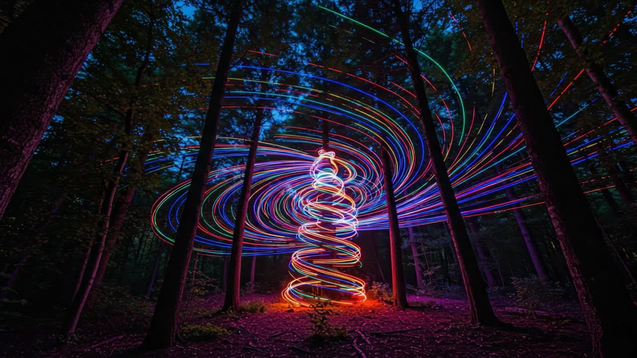 A mesmerizing display of swirling colorful lights illuminating a forest, creating a vibrant spiral pattern around a tree amidst a tranquil twilight setting