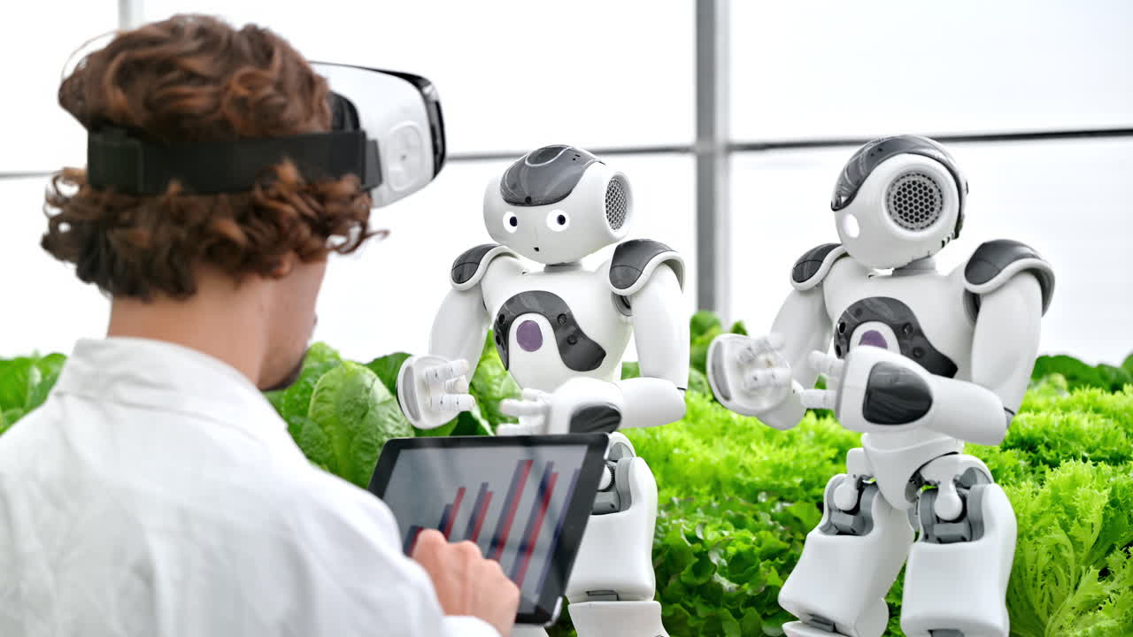 Laboratory technician in a white coat wearing virtual reality headset analysing graphs on a tablet while interacting with two humanoid robots in a greenhouse farm