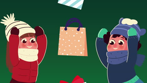 pareja de niños con ropa de invierno jugando con regalos y bolsas de compras