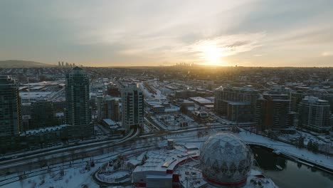 vancouver science world astc building reveal - drone aerial shot with winter snow