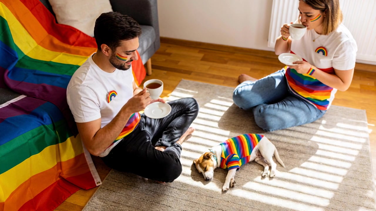 Sipping couple sharing coffee at home in rainbow shirts as sun streaming, dog in rainbow sweater