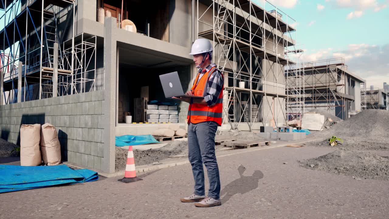 Full Body Side View Of Asian Male Engineer With Safety Helmet Working On A Laptop While Standing At Building & Construction Site in Progress to New House