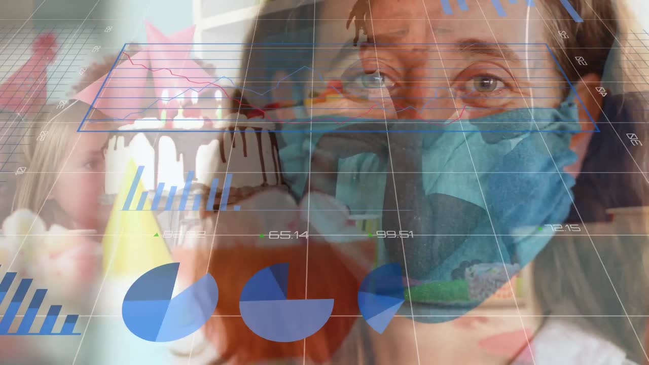 gráficos y gráficos sobre niños en edad escolar y mujer con coronavirus de máscara.