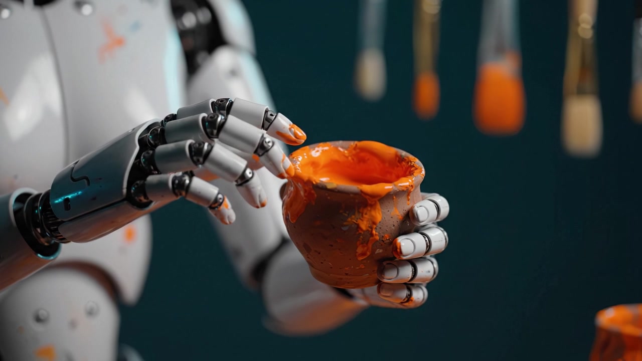 A robotic hand delicately holds a clay bowl covered in vibrant paint, showcasing the fusion of technology and art in a creative exploration of form and color.