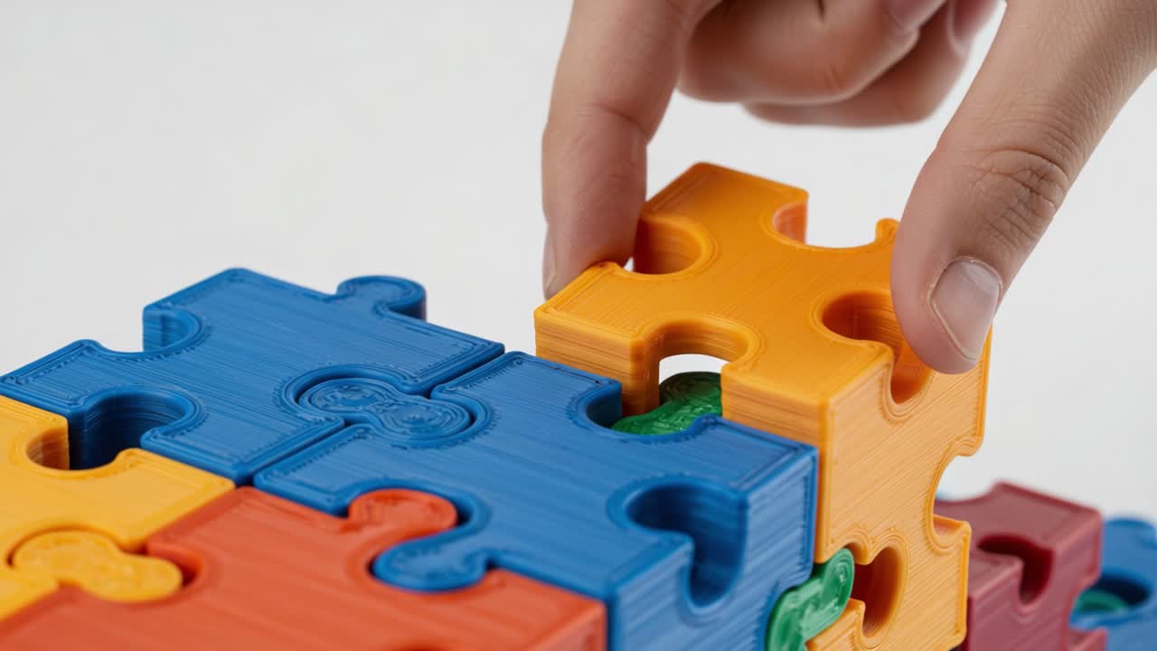 A Brightly Colored Hand Assembles an Interlocking Puzzle, Showcasing the Joy of Creative Play and Problem Solving with Vibrant Pieces in Captivating Designs