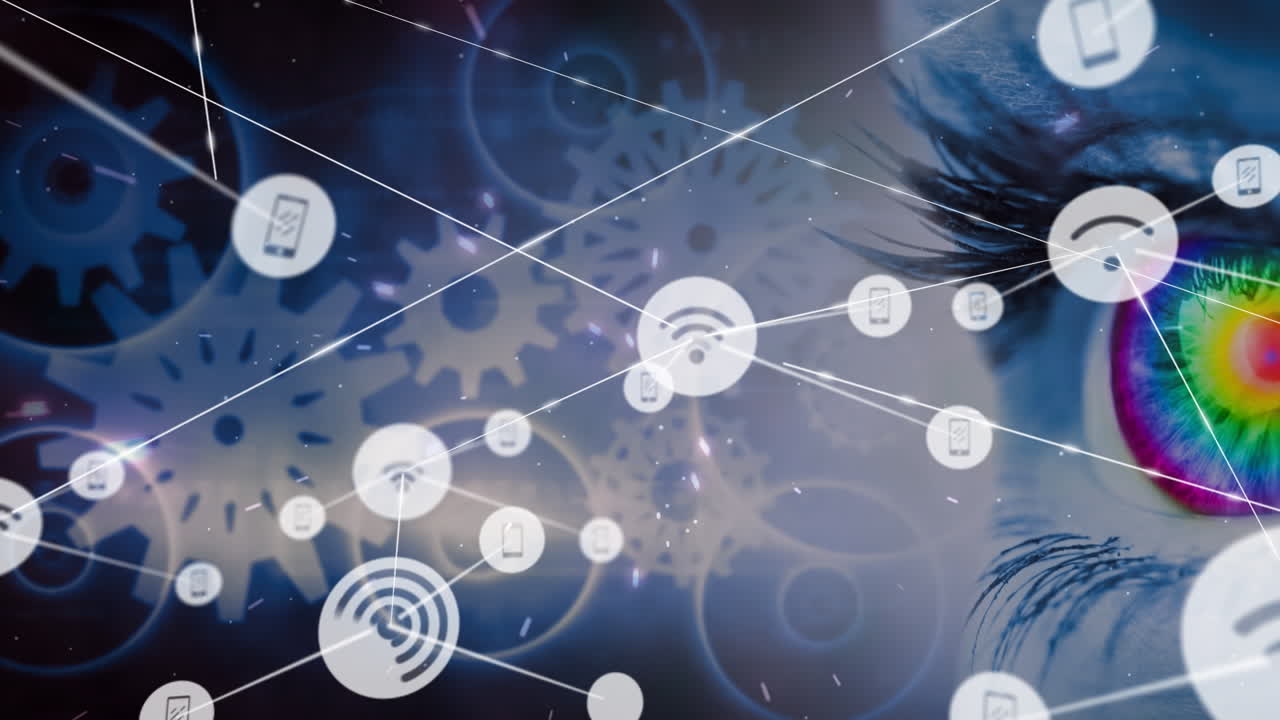 animación de la red de conexiones con iconos sobre el ojo de la mujer