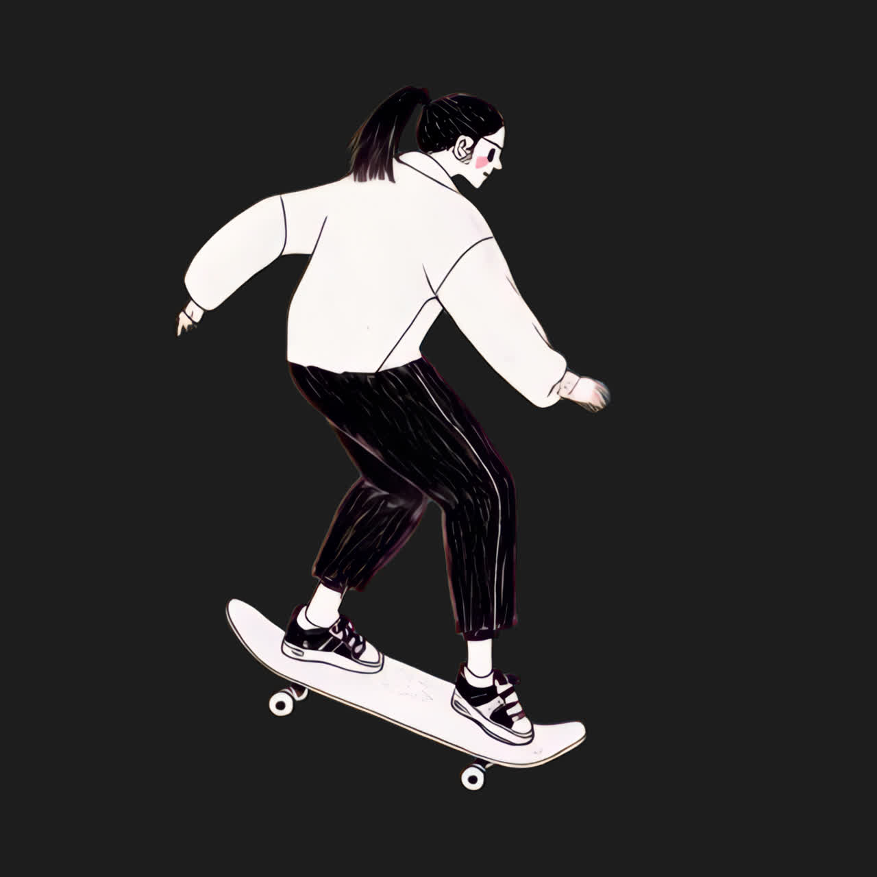 Line art woman on skateboard animation isolated asset, transparent 4K video, alpha channel, ProRes