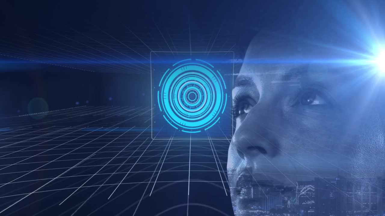 animación del procesamiento de datos y mujer caucásica sobre el paisaje urbano