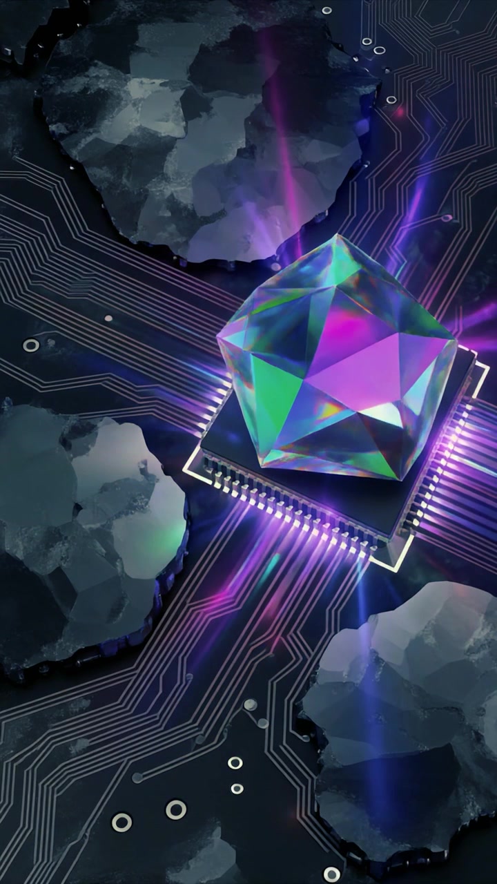 Glødende krystalædelsten, der hviler på en futuristisk computerprocessorchip