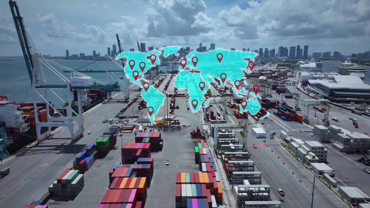 Aerial view of the Miami Florida port in the afternoon featuring shipping containers and cranes with a glowing world map overlay representing global trade, shipping and connectivity