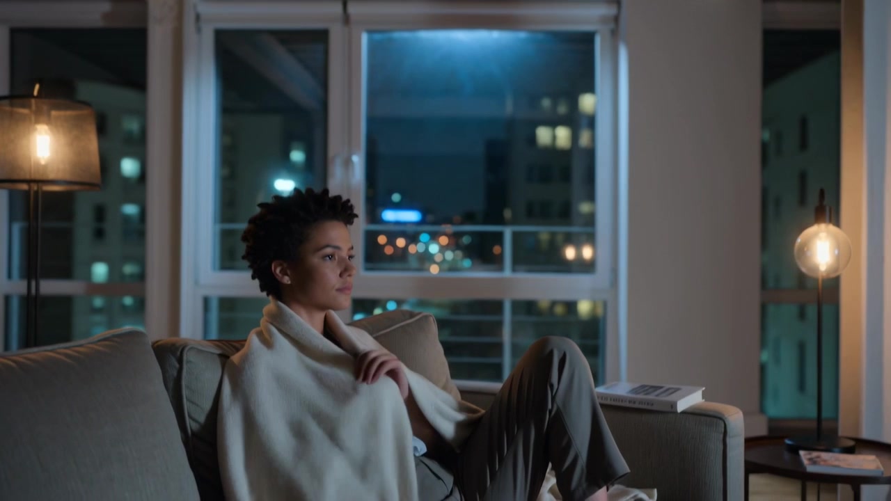 Donna in camicetta che entra, tira una coperta e si sistema su un divano a soppalco di notte per leggere, con un libro.
