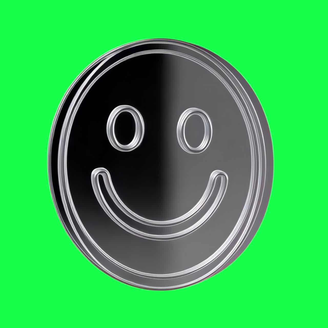 Animazione di moneta metallica con faccina sorridente, video 4K trasparente, green screen.