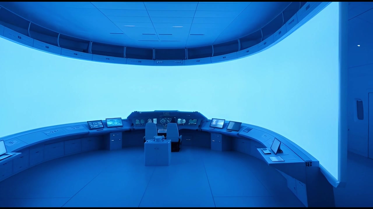 Sala di controllo futuristica vuota con grande schermo blu