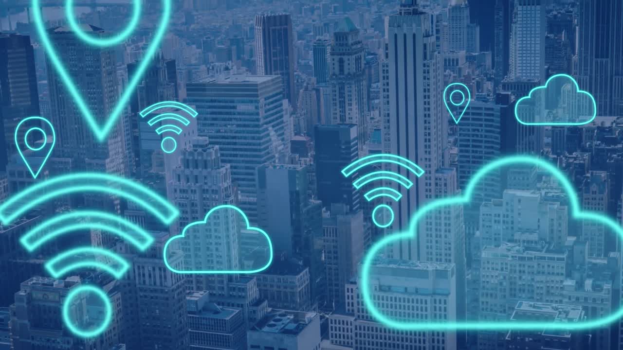 Animation of digital clouds and icons flying over cityscape