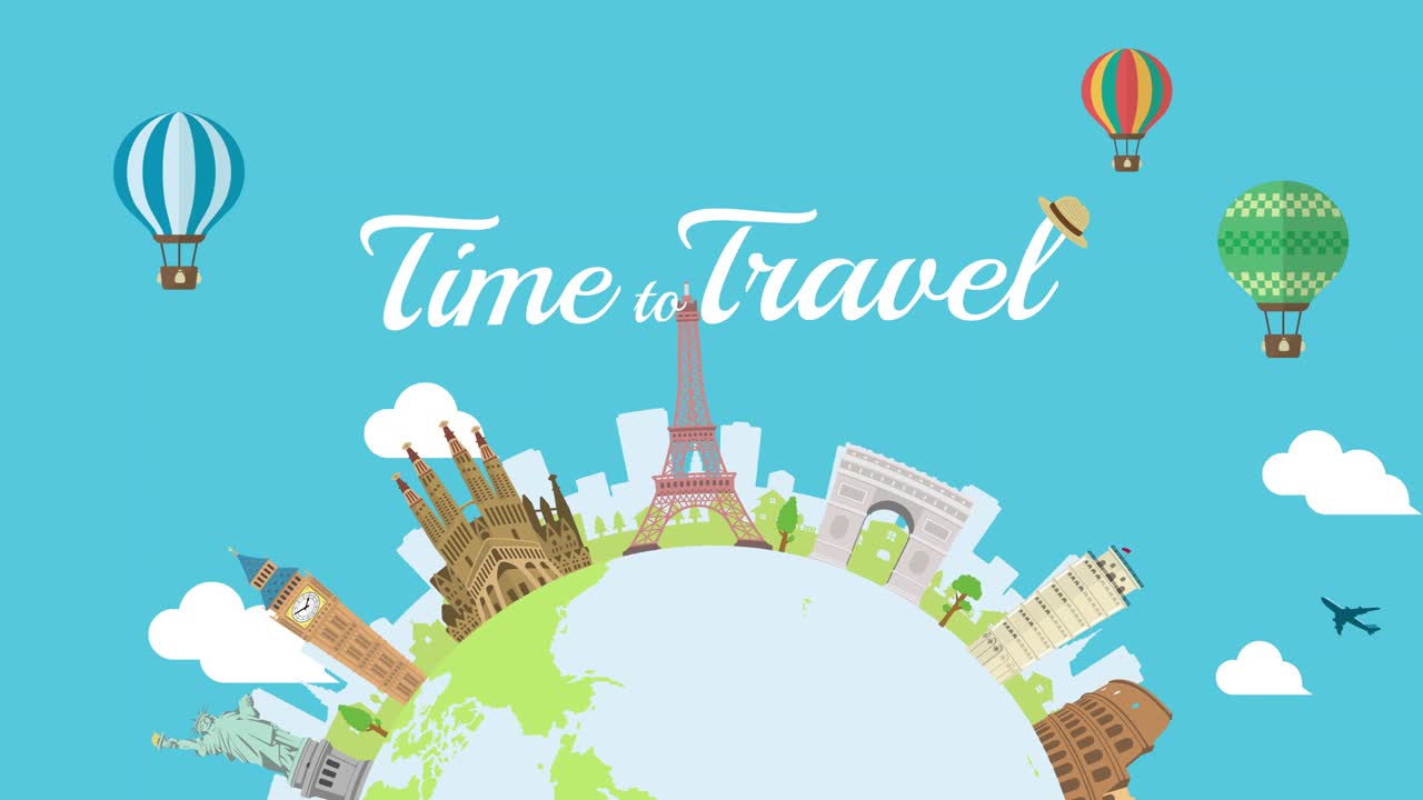 Travel, vacation, sightseeing animation banner (4K) . World heritage and world famous buildings.