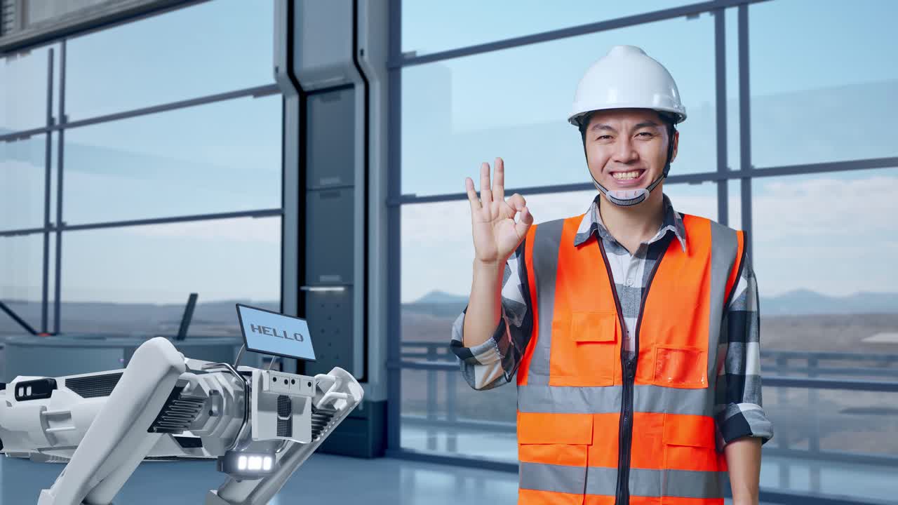 안전 헬을 입은 아시아 남성 엔지니어가 하이테크 공장에서 로 기계 개념을 분석하며 카메라에 미소 짓고 은 몸짓을 보여줍니다.