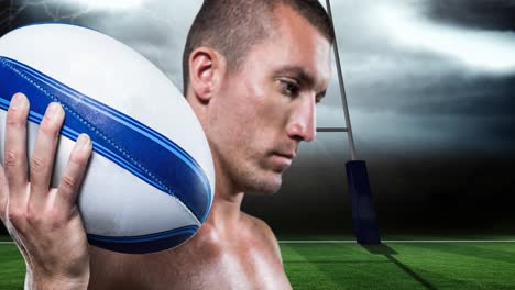 animation of caucasian male rugby player holding ball over stadium