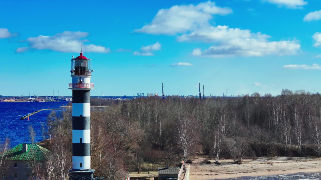 Aerial shot of a lighthouse at entrance to the Port of Riga, Latvia