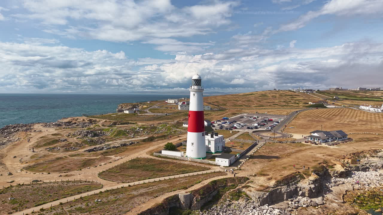 Scenic aerial view of Portland Bill, with its famous lighthouse and rocky coastline