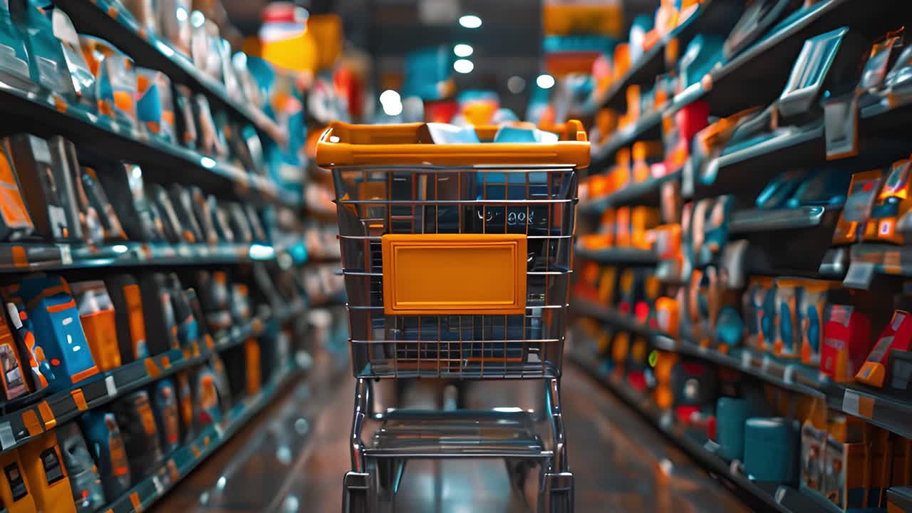 Shopping Cart in a Supermarket Aisle