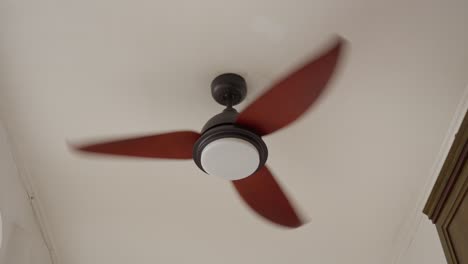 tilt up view, three rotating blades of ceiling fan with a lamp