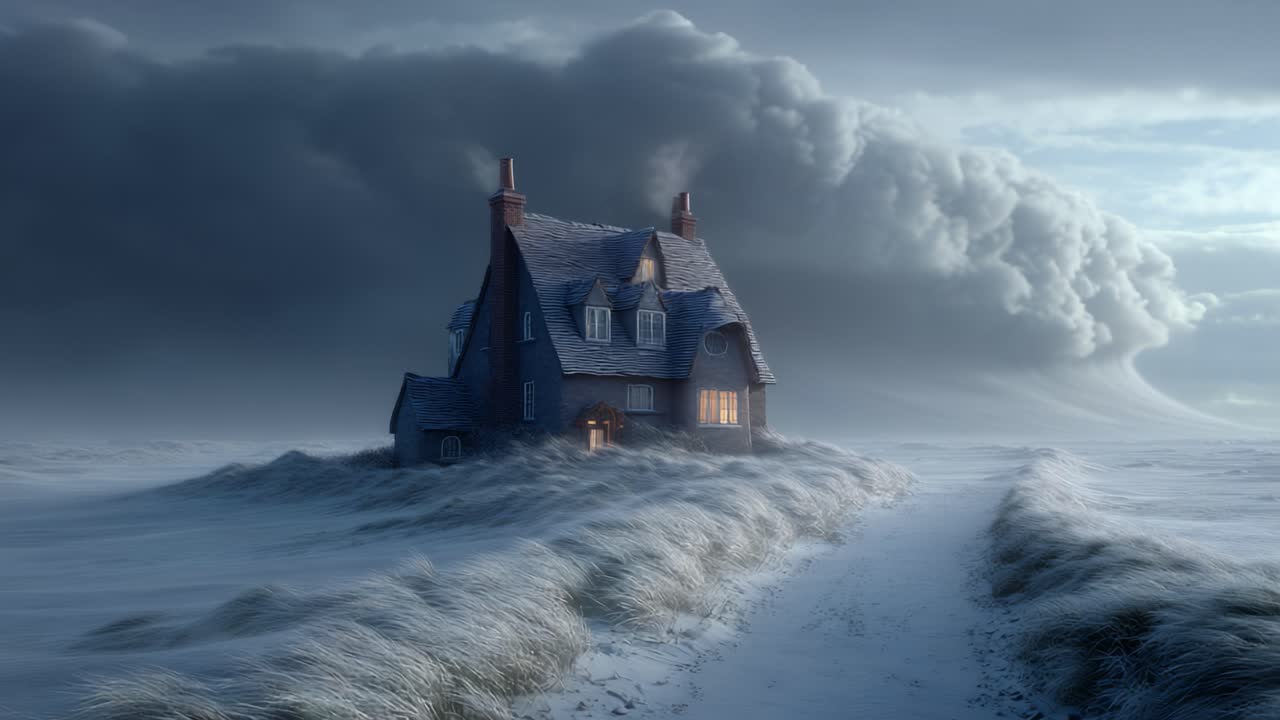 A Hauntingly Beautiful Scene of a Solitary House in a Snowy Landscape Under Dark, Ominous Clouds, Evoking a Sense of Mystery and Nature's Power