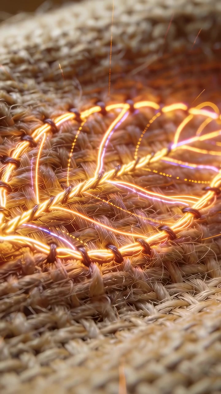 Video verticale: Scintille di corrente pulsante illuminano un cerchio cucito su iuta in studio, con filamenti.