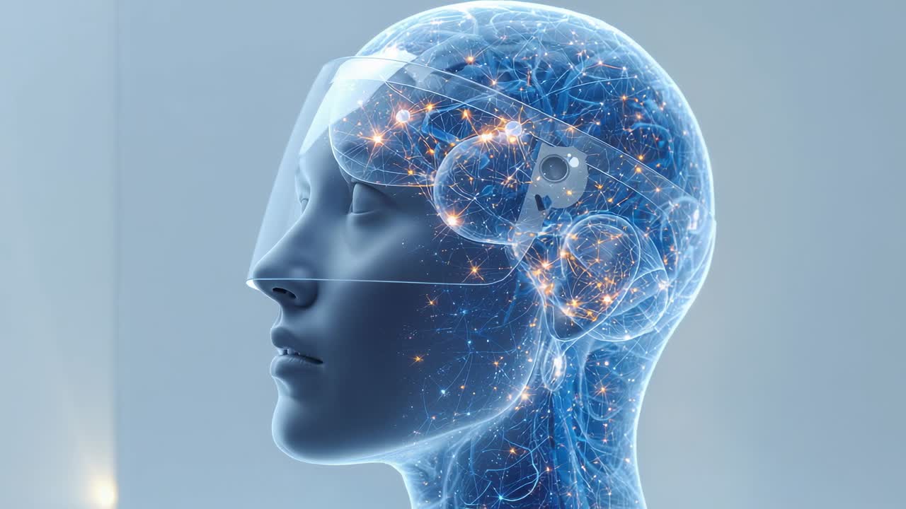 Ricezione del segnale, testa di androide femminile con rete neurale pulsante in studio, elaborazione dati con impianto