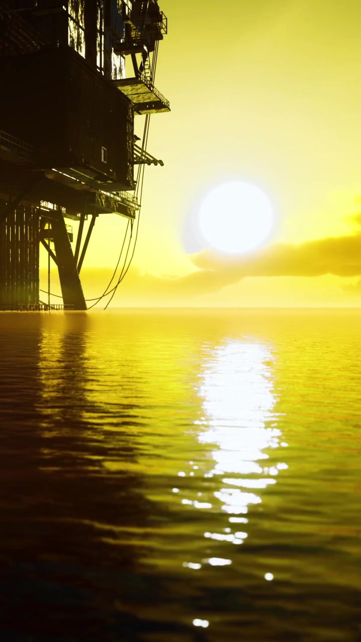 Sunset over water with oil platform in the distance and bright sky