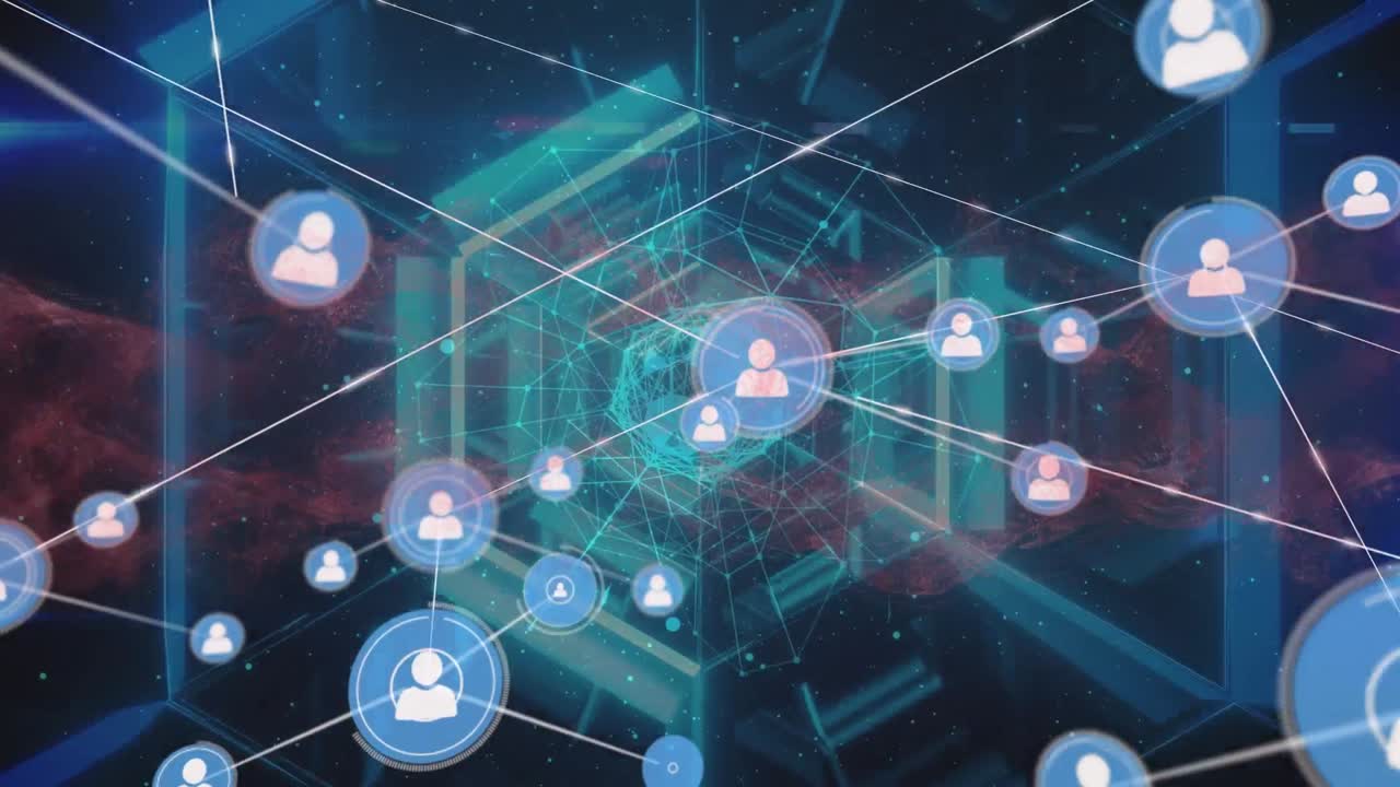 Animation of hexagon shapes zooming on profile icons connecting dots on digital interface