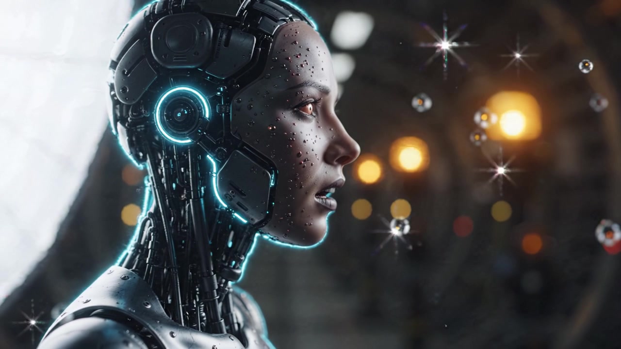 Un design futuristico di robot femminile che mostra dettagli intricati e circuiti luminosi, evidenziando la fusione di tecnologia e arte in una prospettiva ravvicinata accattivante.