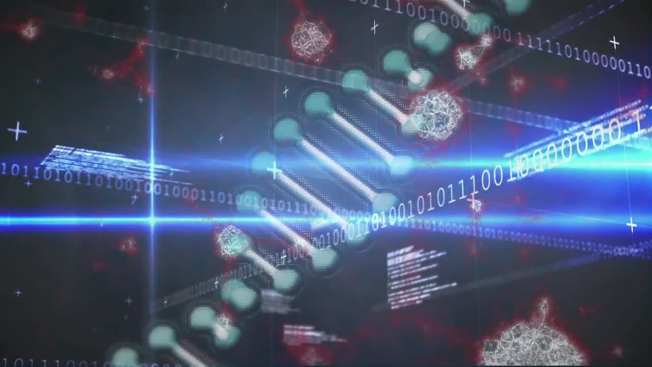 Animation of dna chain rotating over diverse data processing on black background with lights
