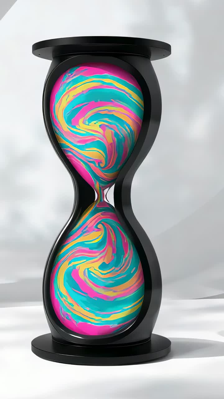 Vertical video: Playback starting rotating black hourglass revealing side and swirls at studio