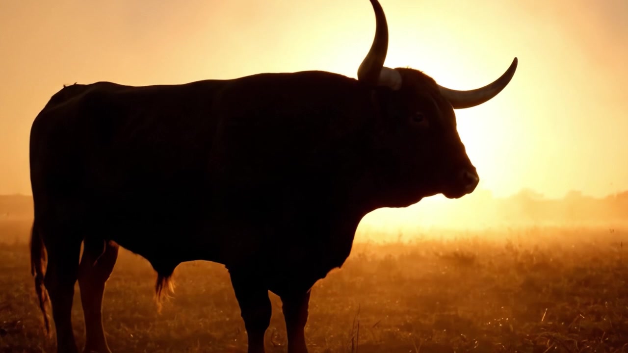 Una maestosa silhouette di un toro contro un'alba mozzafiato: catturando la bellezza della natura in un bagliore dorato.