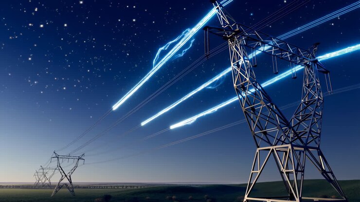 Futuristic Power Transmission Towers at Night