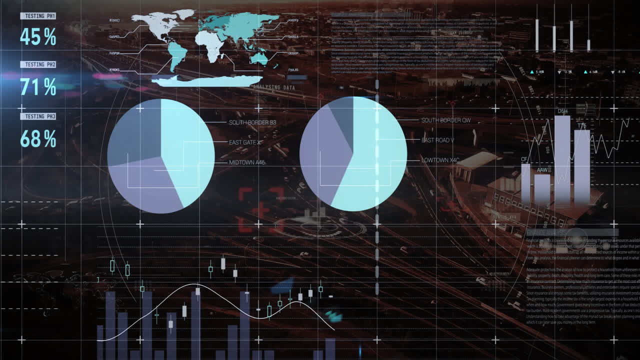 Graphs and charts animation over aerial view of city infrastructure