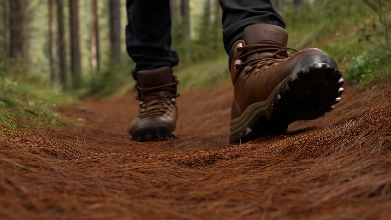 Closeup Hiking Boots On Pine Trail, Brown Leather Boots Step Through Soft Pine Needles, Lowangle Follow Shot,