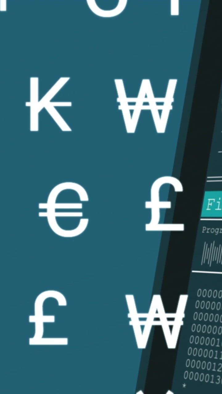 Animazione di molteplici simboli di valuta in movimento su elaborazione di dati su sfondo blu