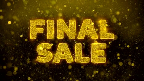 texto de venta final en la animación de partículas de brillo dorado.