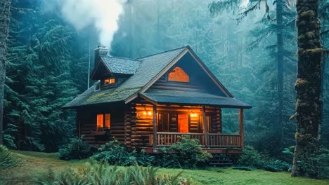 a small cabin in the middle of a forest at night