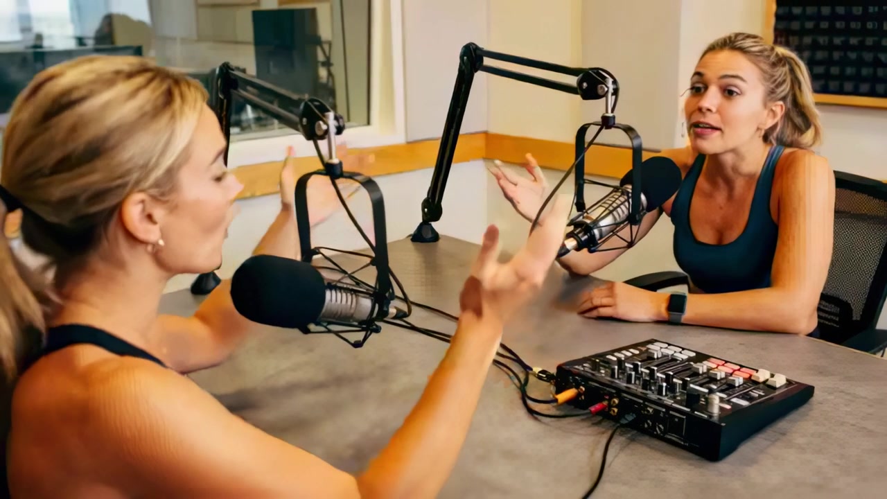 Opptaket starter, to programledere iført tanktopper sitter ved et bord, snakker og gestikulerer for en podcast med mikser.