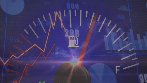animación del velocímetro, procesamiento de datos estadísticos y punto de luz contra las nubes en el cielo.